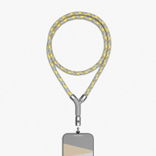 英國設計品牌M.CRAFTSMAN Yoggle手機背帶,使用高質感黃灰編織繩,創新不鏽鋼夾片手機掛繩