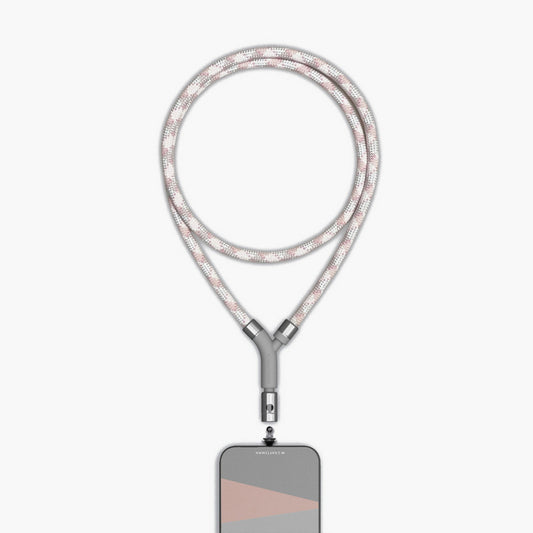 英國設計品牌M.CRAFTSMAN Yoggle手機背帶,使用高質感粉灰編織繩,創新不鏽鋼夾片手機掛繩